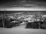 an on piste photo from Blue Mountain Ski Resort toward georgian bay captured in black and white.
